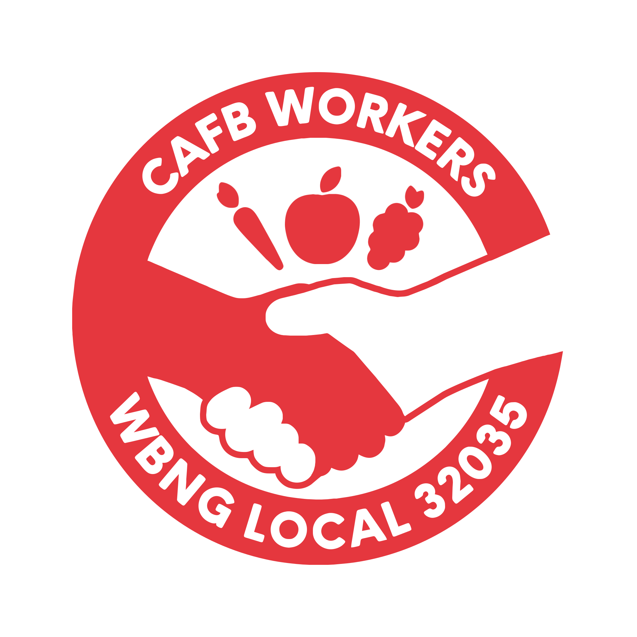 Two hands grasping each other in solidarity below images of produce, with the text: "CAFB Workers WBNG Local 32035"